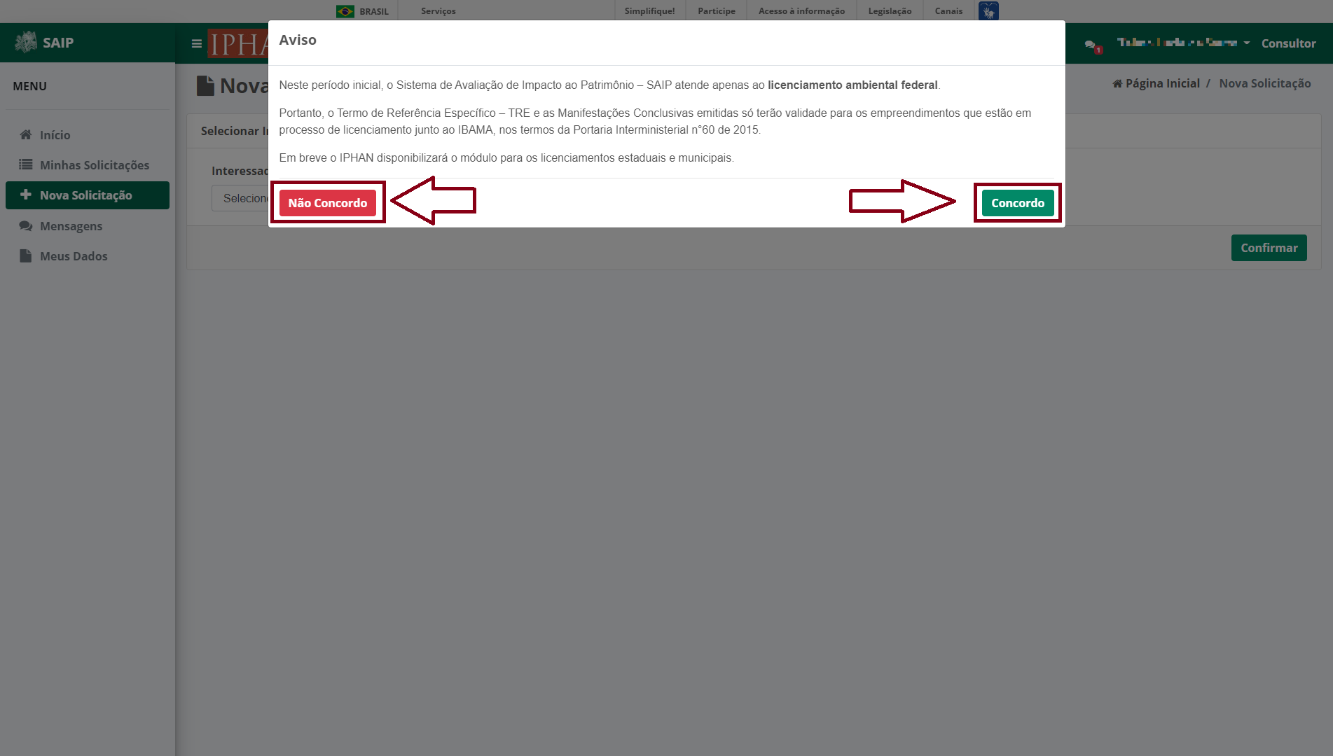 SAIP Nova Solicitacao Aviso Periodo Inicial