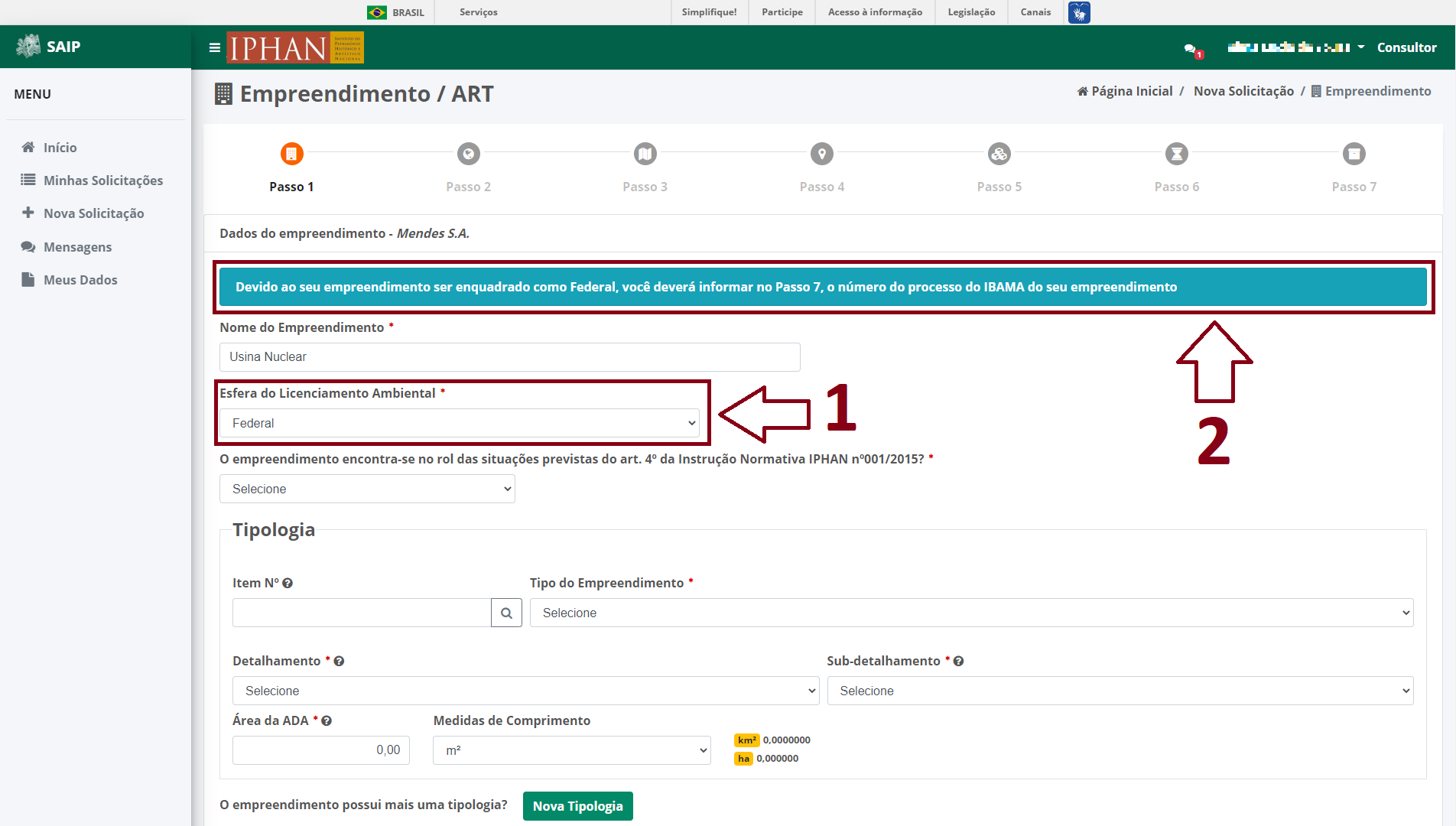 SAIP Nova Solicitacao Passo 1 Empreendimento ART Esfera Federal