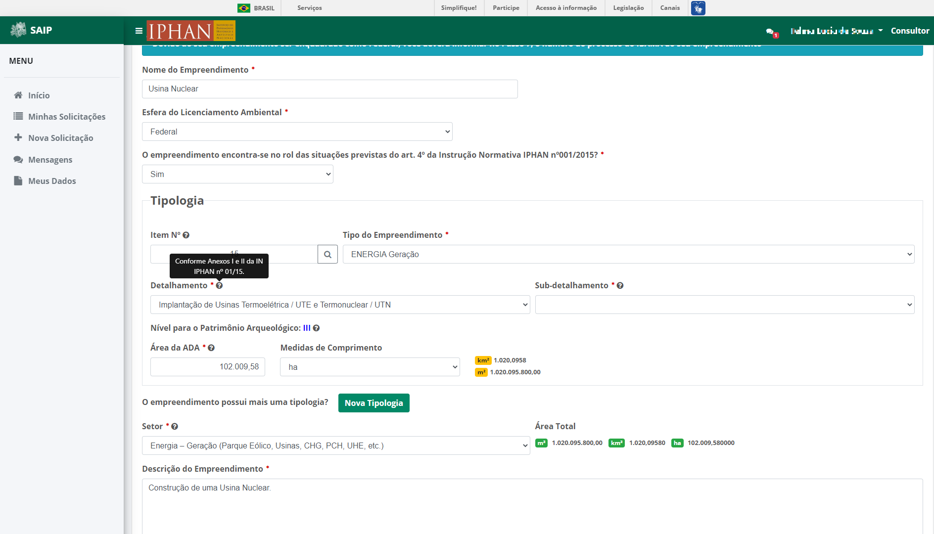 SAIP Nova Solicitacao Passo 1 Empreendimento ART Info Detalhamento