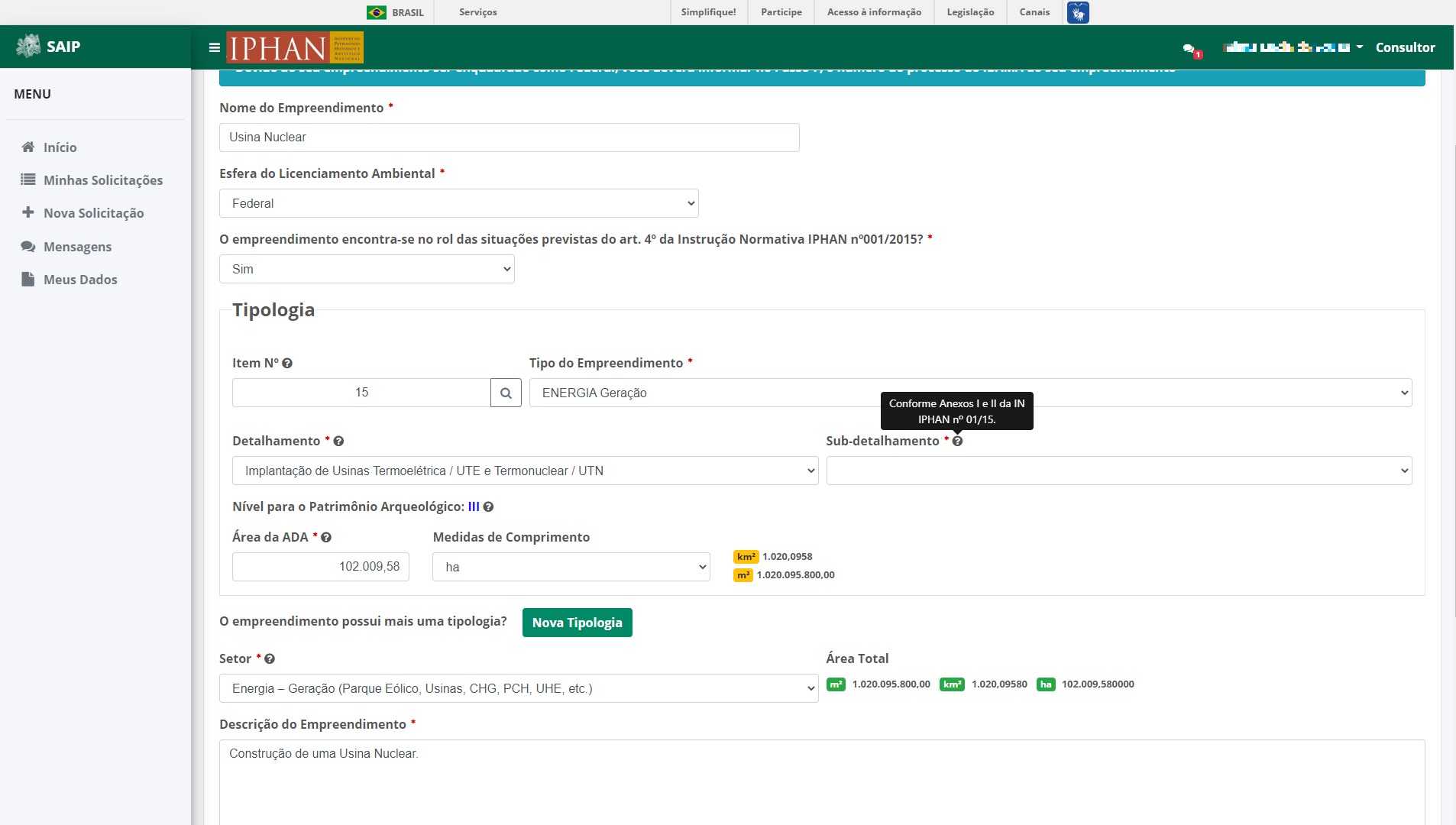 SAIP Nova Solicitacao Passo 1 Empreendimento ART Info Sub Detalhamento